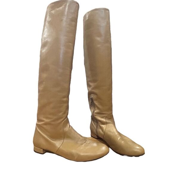 REVOLVE Prada Napa Butter Leather Tan OTK Knee High Boots Size 39.5 - Picture 6 of 12
